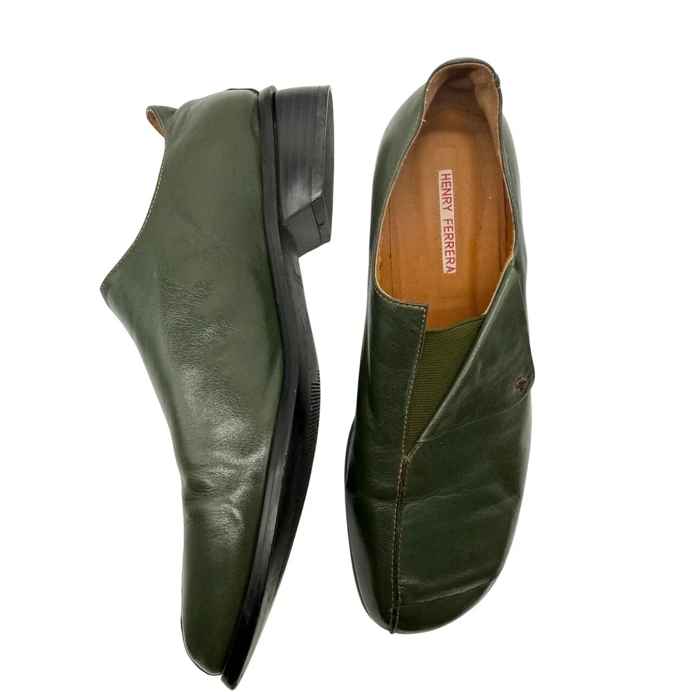 Henry Ferrera Slip On Shoes Womens 11 Green Excellent Leather Loafers Square Toe
